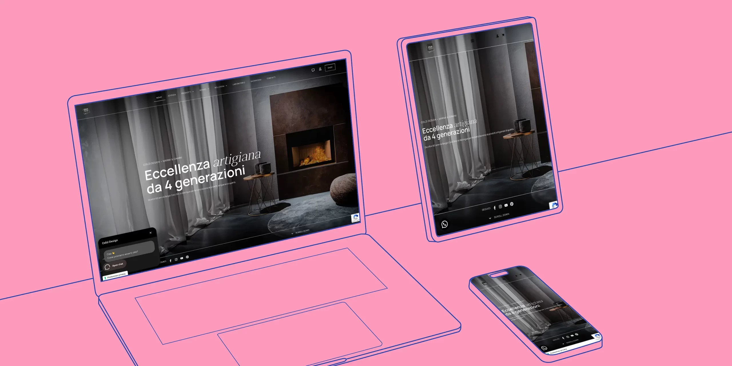 Sito Web realizzato per Colzi Design "Artigianalità e innovazione per la tua casa" a Barberino di Mugello, Mockup dell'homepage del sito web visualizzata su tre dispositivi: laptop, tablet e smartphone, con sfondo blu e outline rosa – progetto web design di Stranementi Studio Creativo