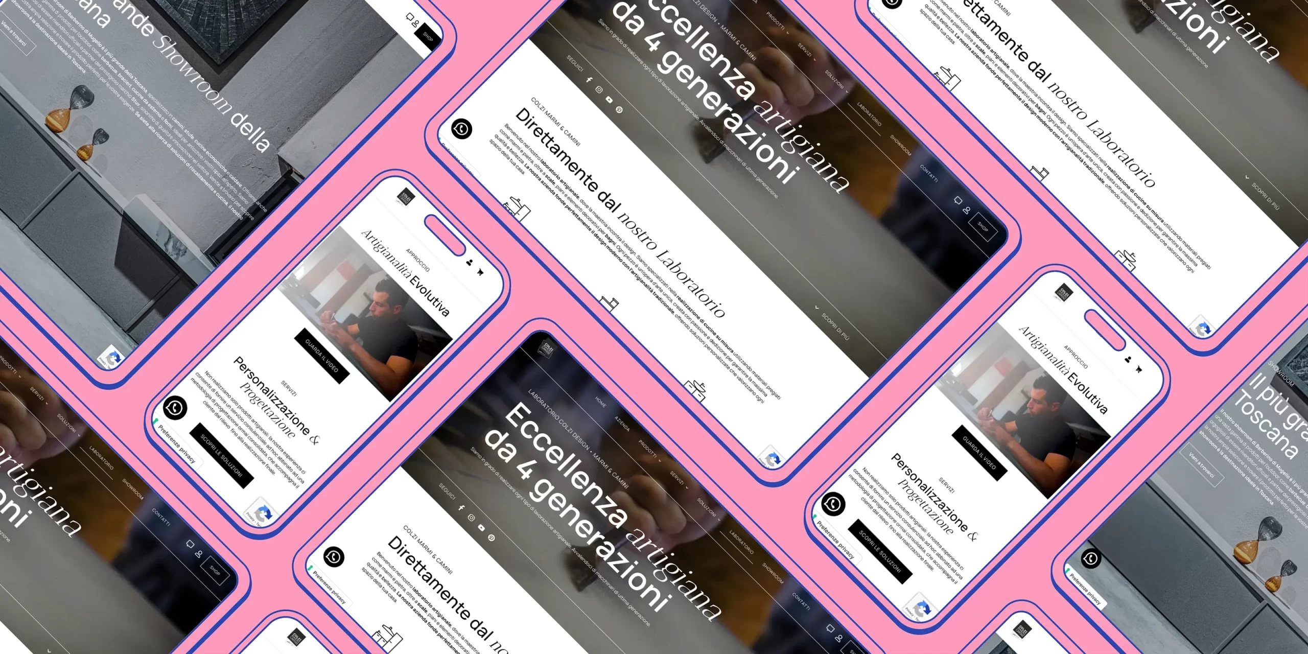 Sito Web realizzato per Colzi Design "Artigianalità e innovazione per la tua casa" a Barberino di Mugello, Mockup dell'homepage del sito web visualizzata su tre dispositivi: laptop, tablet e smartphone, con sfondo blu e outline rosa – progetto web design di Stranementi Studio Creativo